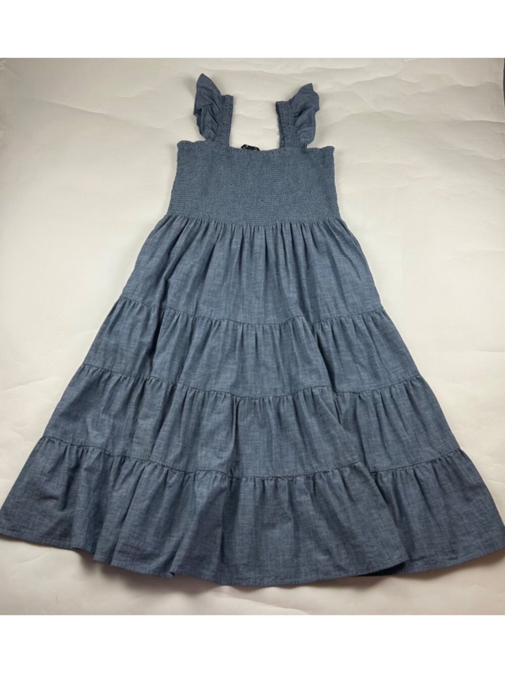 Lands End Dark Blue Chambray Smocked Bodice Maxi Dress XL